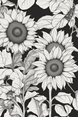 outline art ofSunflowers only black and white, no colour , White background. sketch style, clean line art, white background, no shadow and clear, no people, no colour, for book