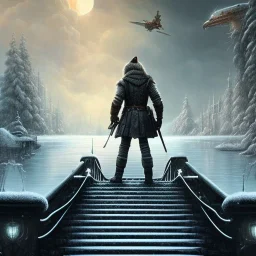 fantasy art, book cover, big wolf in front of the ebony stairs of a bridge or dam ,icy water, on the bridge is a wolf, there is also a hawk close by