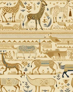 A beige savanna with mammals designed in ancient Greek mosaics