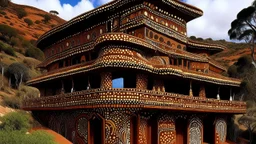 A brown palace on a mountain designed in Australian aboriginal art painted by Henri Robert Bresil