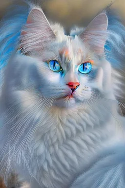 Attractive white cat with blue eyes and white feathers around it