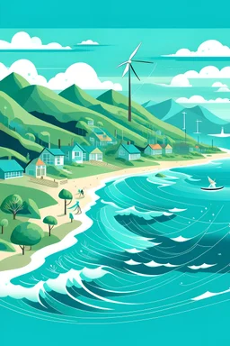 "Craft an image of a coastal town embracing sustainable practices, with clean beaches, marine conservation efforts, and renewable energy initiatives harnessing the power of wind and waves."