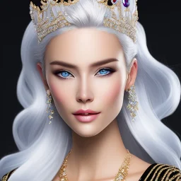 Ice Princess with white hair smilling, a crown with precious stones, bright background