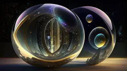 galactic multiverse, infinity vanishing point, photorealistic gigantic glass exoplanet Titan lifeforms, hyperboloid Trompe-l'œil, quasars