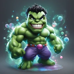 chibi cute caricature of Hulk as a 2000's clown, surrounded by will-o'-the-wisp, elegant, close wiew, dynamic pose, photorealistic rendering --ar 2:3 --stylize 500 --v 6