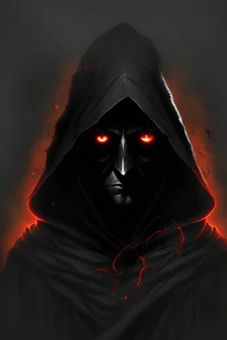 Dark sorcerer, black robe, not visible face, comic style, red eyes