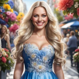 (best quality, 4k, 8k, highres, masterpiece:1.2), ultra-detailed, (realistic, photorealistic, photo-realistic:1.37),hyper realistic, full body gorgeous smiling 1woman,long hair,looking at viewer,realistic proportions,blue eyes,hair ornament,dress,very long hair,flower,blonde hair,parted lips,necklace,white dress,blonde hair,lips,blurry background,freckles,realistic,head wreath, pink flower,realistic portrait, dreamy fantasy landscape,crystal castle behind