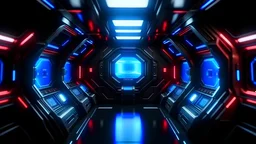 Dark spaceship interior with glowing blue and red lights. Futuristic spacecraft with large window view on planets in space and control panels. 3D rendering. Pro Photo