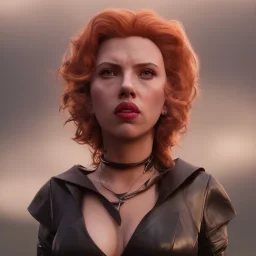 Scarlett Johansson as evil queen in black leather gown, cleavage, angry, stern look unreal 5, octane render,cinema4d, dynamic lighting, dramatic lighting, 4k, redshift render, highly detailed, hyper realistic