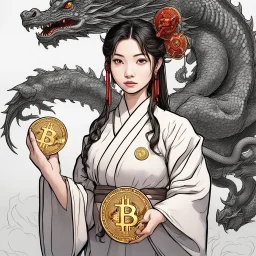 Bitcoin cryptocurrency in the hands of a traditional chinese girl, dragon