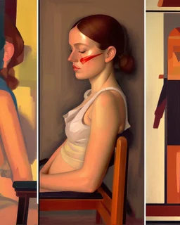 four paintings of a tired woman sitting on a chair, inspired by Paula Modersohn-Becker, flickr, cubism, kalighat highly detailed, mahmud barzanji, sleeveless, oilpaint, variations around female, scarlet, 1970s philippines, family portrait, sukhasana, in the styles of thomas eakins, centre composition, phuoc quan