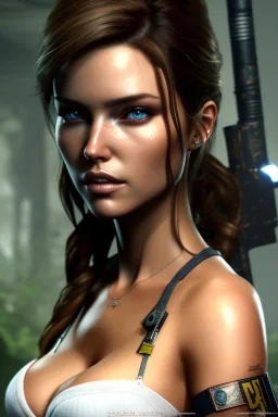 portrait busty and face, camilla luddington abandoned, big busty, lara croft clothes,