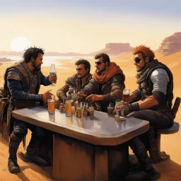 [photo by Angus Mcbride] Mad Max and friends drinking a glass at the counter of a bar outside, on a dune, over the river