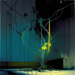 Minimal abstract oil painting of a plant in concrete warehouse brutalist architecture and hanging wires illuminated at night. With triadic colours. In the style of Justin Mortimer and Phil Hale, Ashley Wood