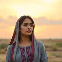 Pakistani, Pashto, Cultural, Sad Woman, Beautiful, Beautiful Cloudy Sunset, Wearing Traditional Grey Dress Maroon Embroidery & Grey Dupatta, Cultural Jewellery, Subtle Sad Expressions, Beautiful Eyes, Stressing Vibes, Cinematic & Dramatic Ambiance.