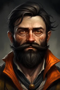 Fantasy portrait of a late 30s man with short black hair and an unkempt gritty beard. Orange eyes. Kind of pug faced. Looks like a pirate or a bandit. A slightly broad nose, wearing a pirate jacket. Looks like Hugh Jackman, but if he were fantasy-style, not real.