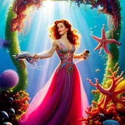 Perfect and beautiful face of teen robyn lively, holographic gown, holding a bouquet of floral coral, bubbles, upward flowing long hair, gloves hidden under the bouquet, underwater with seashells and fish, seahorses, coral, fantasy, regal, intricate, by stanley artgerm lau, greg rutkowski, thomas kinkade, alphonse mucha, loish, norman rockwell