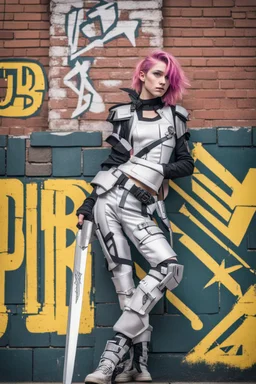 teen woman in retro-futurist cyberpunk costuming with pants and sheathed swords leaning to the side with shoulder against a brick pillar, background is brick with graffiti of a large arrow pointing to the right and text of the word "PUB" on lower left