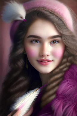 A real realistic picture of a 20 year old woman, white skin, medium nose, medium hazel eyes, wavy hair, pink cheeks, full eyebrows, long eyelashes, round face, full lips, smiling face ،A real, realistic picture of a beautiful twenty-year-old carrying a feather, real, realistic, many colors ، The picture is very detailed, as if you could reach out and connect with the two worlds. The paintings are very detailed