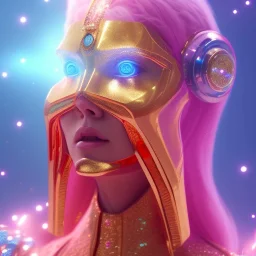 A portrait of a crystalised blue pink extraterrestrial, gold, diamonds, sunny background, atmospheric, realistic, unreal engine, 8k. Cinematic lighting, octane render.