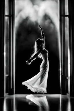 behind a glass door is a dark silhouette of a dancing woman, high quality, highly detailed, stunning, high realistic picture, impressive, sharp focus, perfect body, perfect shot, professional photo, noir