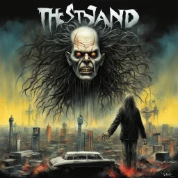 Book cover by "STEPHEN KING" "THE STAND", horror novel about battling evil in Las Vegas, by Thomasz Setowski, by Stephen Gammell, by Dave McKean, surreal horror, creepy, book cover art, uncanny, color ink illustration, octane rendering, text: "THE STAND", text: "STEPHEN KING".