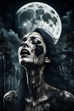 medium close human woman with nature face cry and howling, no makeup, pale face, pain, thriller, alone, dark colors, sharp focus, surreal , the attraction of the moon, faded colors, dark mood, surreal, dramatic atmosphere. intricate, stunning textures, mystic and dark mood