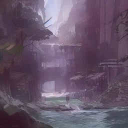 forest river, ruins, concept art watercolor