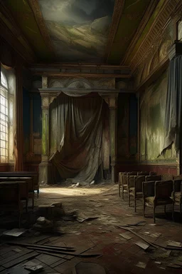 "A very old paints cracked dirty abandoned theater performing stage with ripped curtains insanely detailed octane render trending on artstation, 8k artistic photography, photorealistic concept art, soft natural volumetric cinematic perfect light, chiaroscuro, award-winning photograph, masterpiece, oil on canvas, Raphael, Caravaggio, Greg Rutkowski, people, beksinski, Giger