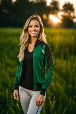 fullbody shot of young-beautiful-girl-with-a-perfect-face wearing sport pants and sport blouse and sport jacket and shoes standing in country side green field day lights