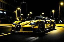 supercar buggati with black and yellow shiny paint at night in a road front sine park car front tyre are bend in right lights of