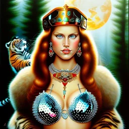 oil Portrait on canvas of busty beautiful young Red Sonja Riding a Big Tiger, with big crystal clear green eyes looking to viewer, nose piercing , tattoos , with ruby necklace by Adam hughes 8k