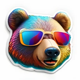 sticker on white background, surreal 3d Head of a multicolor Bear with sunglasses, psychedelic art, octane render, unreal engine 5, funny, smiling