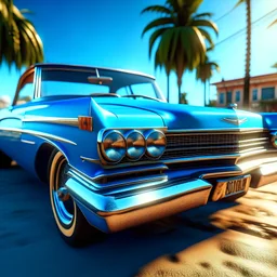 a low rider car in Miami beach, sunshine, blue sky, biquini girls, art inspired in GTA VI game, cinematic light, intricate details, unreal engine 5