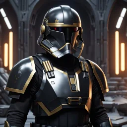 star wars bald male corellian pilot wearing pearlescent black and gunmetal grey First Order special forces heavy assault stealth commando armor and helmet with gold trim inside the jedi temple, hyperdetailed, dynamic lighting, hyperdetailed background, 8k resolution, volumetric lighting, light skin, fully symmetric details