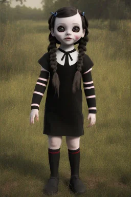 Wednesday Addams toddler, full body, jump, bokeh, hyper realistic