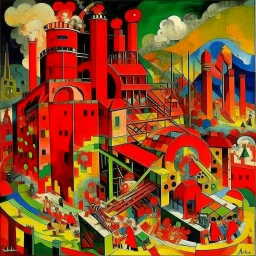 A red frantic volcanic factory with furnaces painted by Wassily Kandinsky