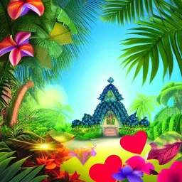  Tropical flowers, heart chamber, crystals, tropical leaves, Fantasy temple, Surreal landscape.