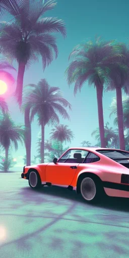 1980's aesthetic vaporwave palm trees and spheres and glowing Porsche