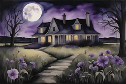 Night, one woman, distant house, purple flowers, moon, gothic horror films influence, thomas rigin watercolor paintings