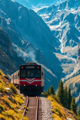 A train truck in stunning mountain landscape, mountain gorge, bright color palette, high detail, perfect composition, gcinematic shot, intricate details, hyperdetail.the collide with the anther train