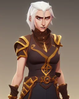 d&d character, female, cleric, cheerful, armor, white hair, gold eyes, smiling