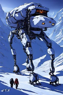 a sleek mechanical walker with eight legs scaling a very steep snow covered side of mout everest at night, it has a smooth surface, it has storage pods on its belly and humans can fit in the pods