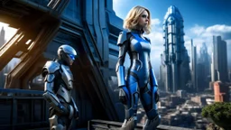 A full-body photograph of a young, slender woman with blond shoulder-length hair in a sleek blue jumpsuit, with an android in a huge metal exosuit with a helmet standing guard beside her, standing in a futuristic cityscape with advanced spacecraft behind them.