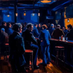 a single figure in a crowded bar at night, dark colors, impressionist style