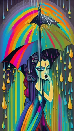 Painting in erte style of gothic woman in rain rainbow