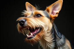 side-front of head nose, mouth with teeth, ears and eyes of a Scottish terrier coming up from the side-bottom, mouth open biting