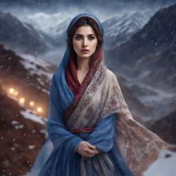 Hyper Realistic Gorgeous-Young-Pashto-Women-with-beautiful-eyes whirling wearing blue-grey-dress & beige-shawl-with-maroon-embroidery on mountains at snowfall night withy dramatic & cinematic ambiance