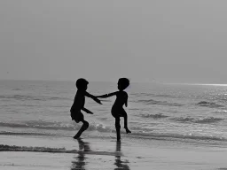 children playing on the Indian beach capture them against the sun and make an art silhouette, hyper details, real sharp, 8k, well detailed, well shaped