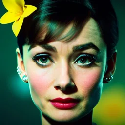 Audrey Hepburn with yellow flowers for hair, face detailed, closed eyes, rtx, reflection, 8k, glow, winning photography, caustics